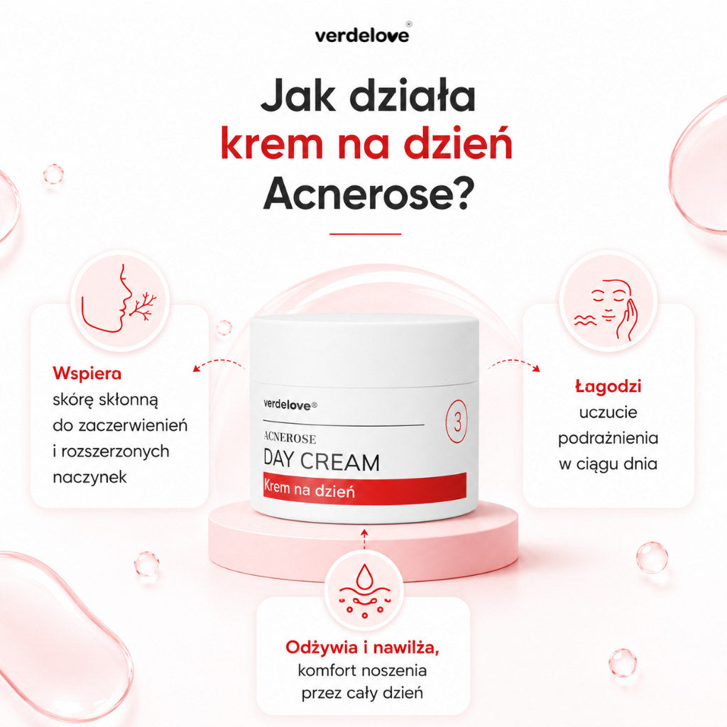 Jak działa krem na dzień Acnerose: wspiera skórę skłonną do zaczerwienień i rozszerzonych naczynek, łagodzi uczucie podrażnienia w ciągu dnia, odżywia i nawilża