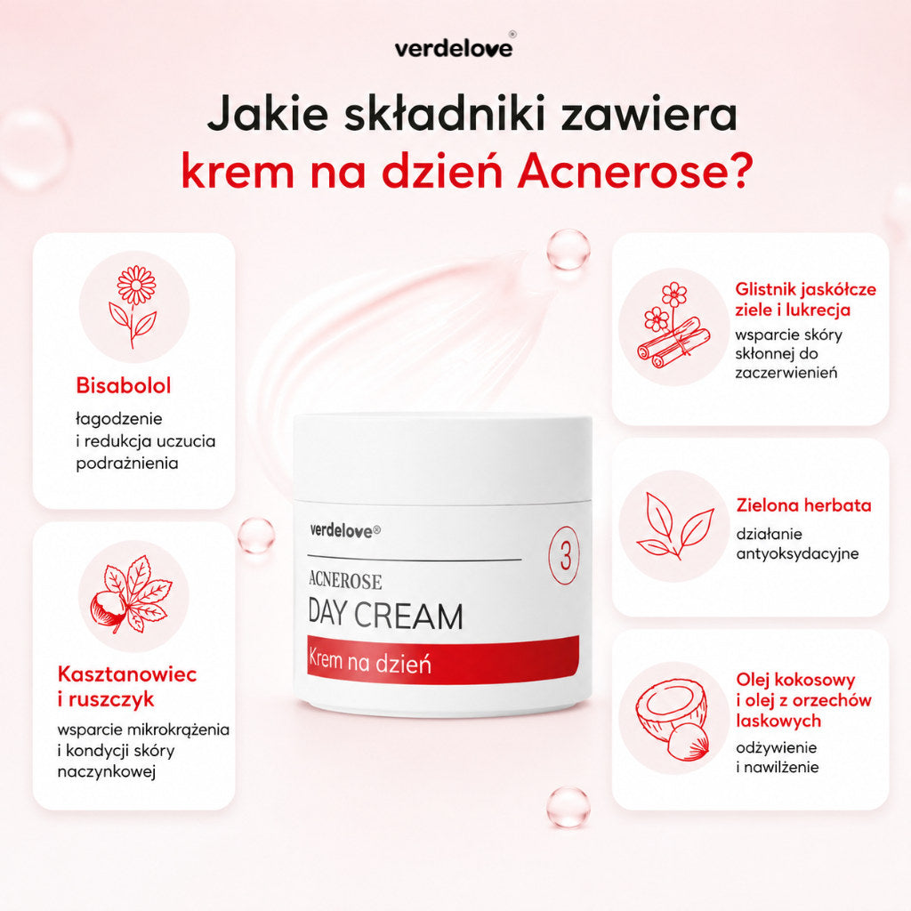 Składniki kremu na dzień Acnerose: bisabolol, glistnik jaskółcze ziele i lukrecja, zielona herbata, kasztanowiec i ruszczyk, olej kokosowy i olej z orzechów laskowych