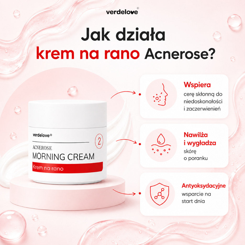 Jak działa krem na rano Acnerose: wspiera cerę skłonną do niedoskonałości i zaczerwienień, nawilża i wygładza skórę o poranku, antyoksydacyjne wsparcie na start dnia