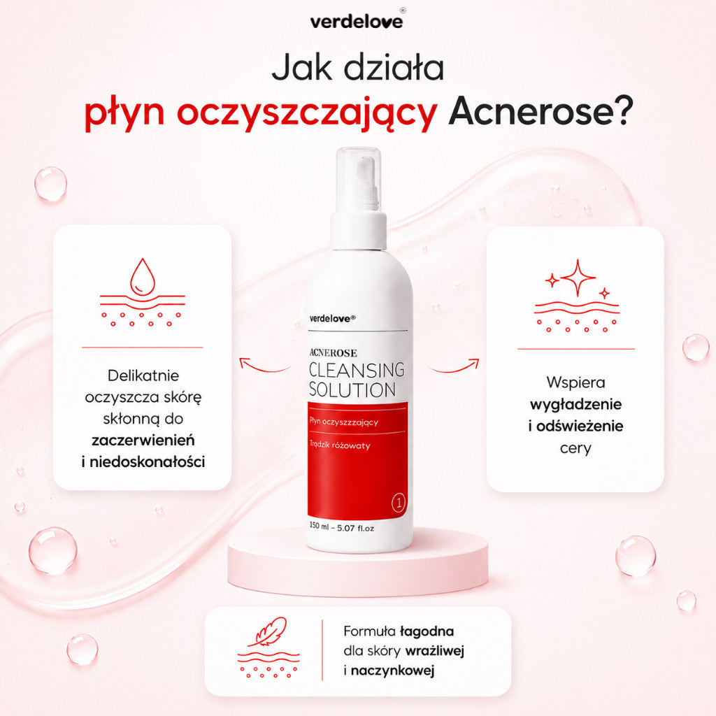 Jak działa płyn oczyszczający Acnerose: delikatnie oczyszcza skórę skłonną do zaczerwienień i niedoskonałości, wspiera wygładzenie i odświeżenie cery, formuła łagodna dla skóry wrażliwej i naczynkowej