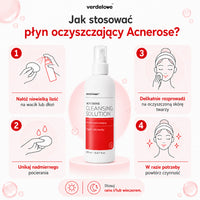 Jak stosować płyn oczyszczający Acnerose: nałóż niewielką ilość na wacik lub dłoń, unikaj nadmiernego pocierania, delikatnie rozprowadź na oczyszczoną skórę twarzy, w razie potrzeby powtórz; stosuj rano i/lub wieczorem
