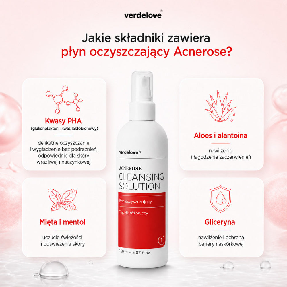 Składniki płynu oczyszczającego Acnerose: kwasy PHA (glukonolakton i kwas laktobionowy), aloes i alantoina, mięta, gliceryna