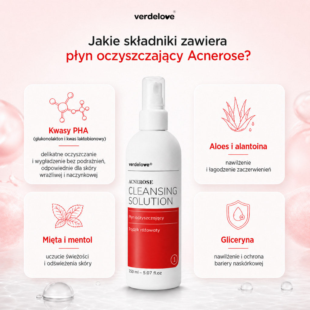 Składniki płynu oczyszczającego Acnerose: kwasy PHA (glukonolakton i kwas laktobionowy), aloes i alantoina, mięta, gliceryna