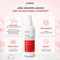 Składniki płynu oczyszczającego Acnerose: kwasy PHA (glukonolakton i kwas laktobionowy), aloes i alantoina, mięta, gliceryna